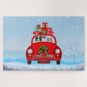Puzzle Perro Border Collie en coche con Papá Noel