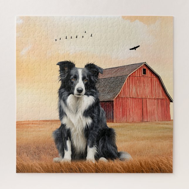 Puzzle Perro Border Collie y rancho con granero rojo (Vertical)