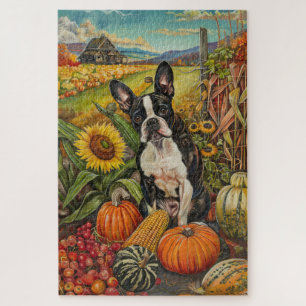 Puzzle Perro Boston Terrier Cosecha de Otoño Día de Acció
