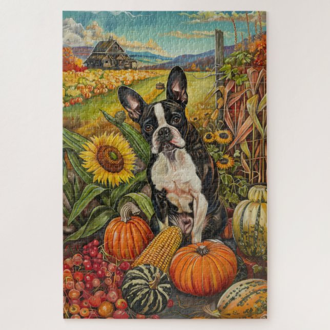 Puzzle Perro Boston Terrier Cosecha de Otoño Día de Acció (Vertical)