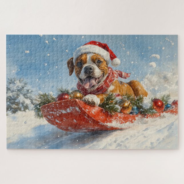 Puzzle Perro Boxer en Trineo Deja que Nieve Navidad (Horizontal)