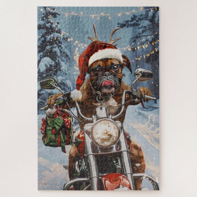 Puzzle Perro Boxer Montando Motocicleta Navidad  (Vertical)