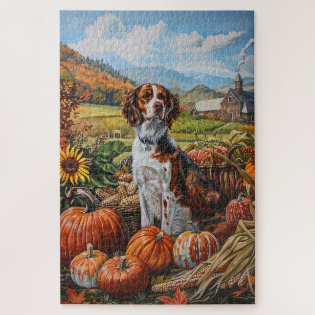 Puzzle Perro Brittany Spaniel Cosecha de Otoño Día de Acc (Vertical)