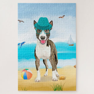Puzzle Perro Bull Terrier en la playa