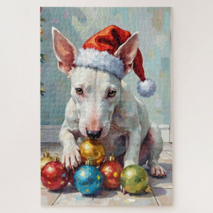Puzzle Perro Bull Terrier Juguetón Custodiando la Navidad