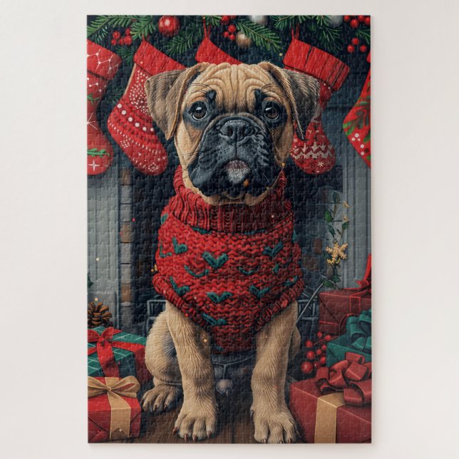 Puzzle Perro Bullmastiff con regalos de Navidad Chimenea (Vertical)