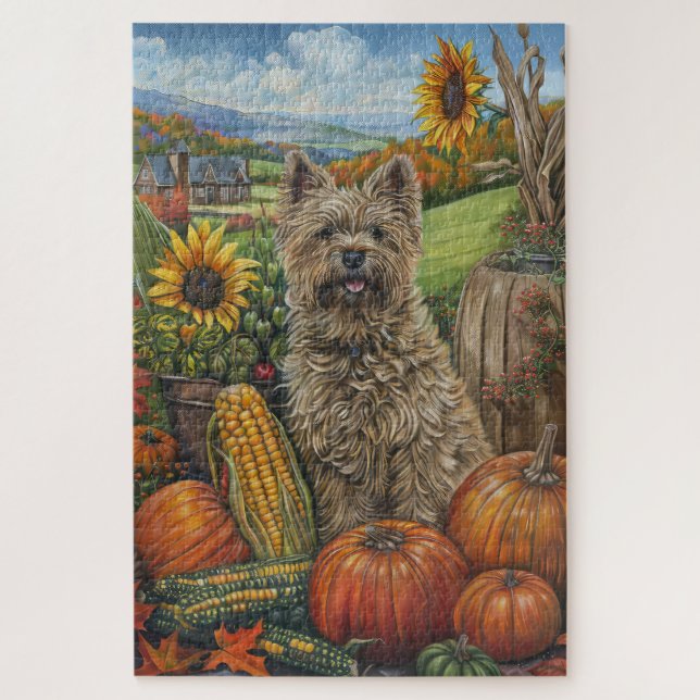 Puzzle Perro Cairn Terrier Cosecha de Otoño Día de Acción (Vertical)