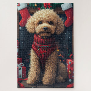 Puzzle Perro Caniche con Chimenea de Regalos de Navidad