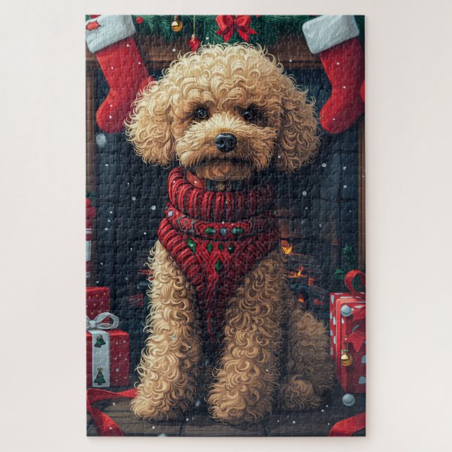 Puzzle Perro Caniche con Chimenea de Regalos de Navidad (Vertical)