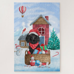 Puzzle Perro Caniche en casa de Navidad con nieve