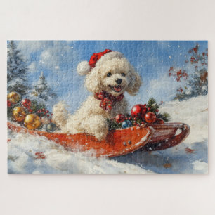 Puzzle Perro Caniche en Trineo Deja que Nieve Navidad
