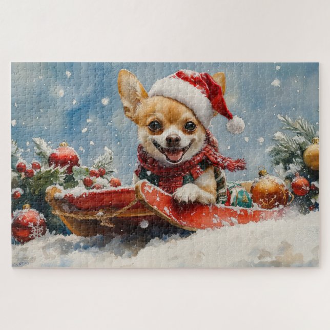 Puzzle Perro Chihuahua en escurrimiento deja que nieve Na (Horizontal)