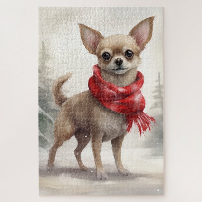 Puzzle Perro Chihuahua en Navidad con nieve  (Vertical)