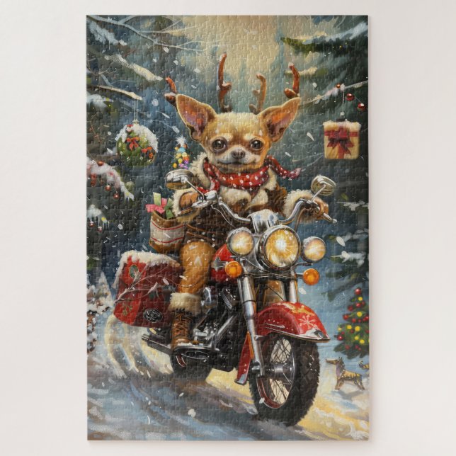 Puzzle Perro Chihuahua Montando Motocicleta Navidad  (Vertical)