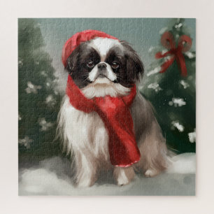 Puzzle Perro Chin Japonés en Navidad con Nieve