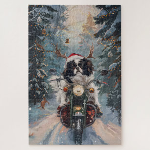 Puzzle Perro Chin Japonés Montando Motocicleta Navidad