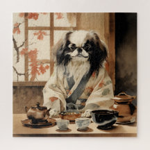 Perro chino japonés con ceremonia de té