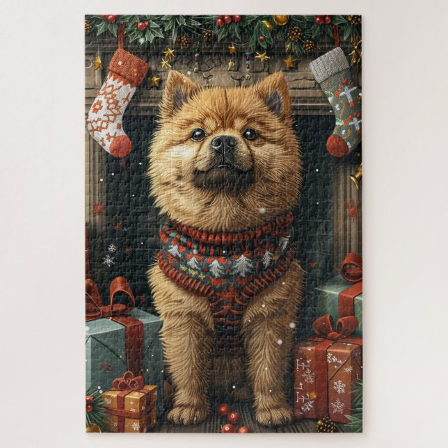 Puzzle Perro Chow Chow con regalos de Navidad Chimenea (Vertical)