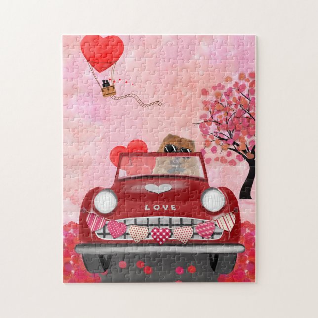 Puzzle Perro Chow Chow conduciendo coche con corazones Sa (Vertical)