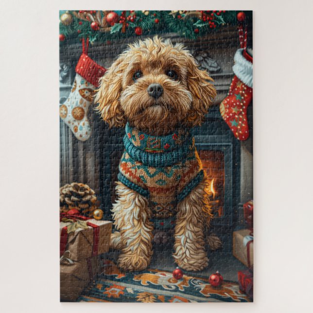 Puzzle Perro Cockapoo con regalos de Navidad Chimenea (Vertical)