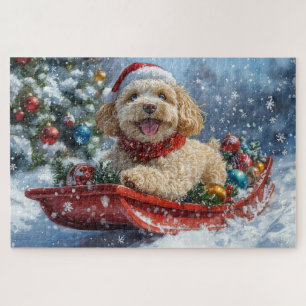Puzzle Perro Cockapoo en Trineo Deja que Nieve Navidad