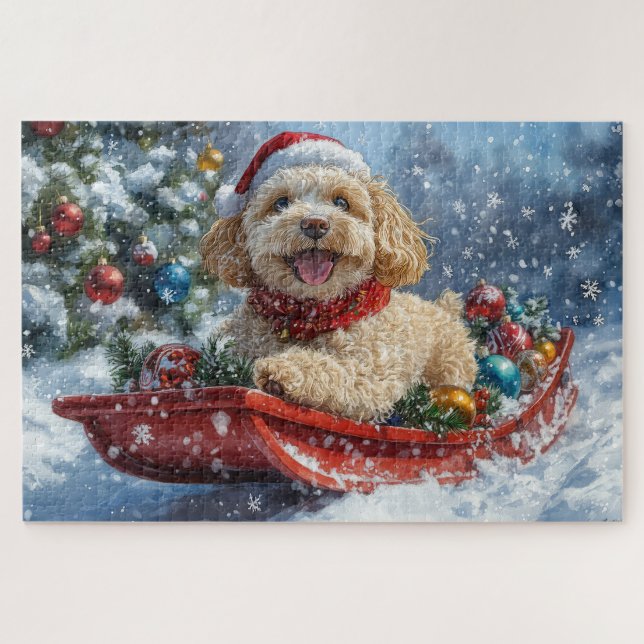 Puzzle Perro Cockapoo en Trineo Deja que Nieve Navidad (Horizontal)