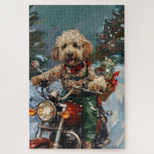 Puzzle Perro Cockapoo montando motocicleta Navidad