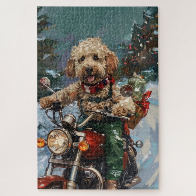 Puzzle Perro Cockapoo montando motocicleta Navidad (Vertical)