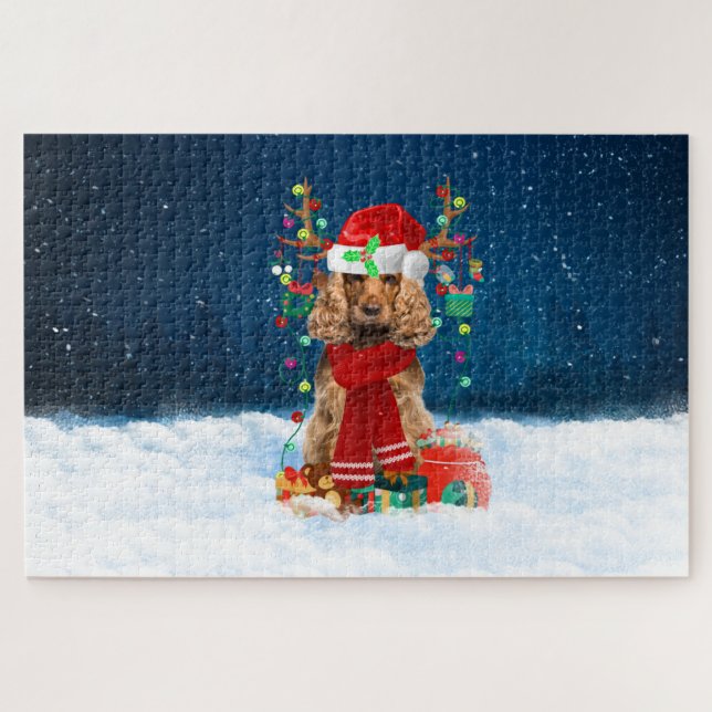 Puzzle Perro Cocker Spaniel con regalos de Navidad (Horizontal)