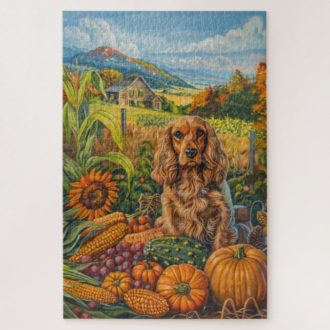 Puzzle Perro Cocker Spaniel Cosecha de Otoño Día de Acció (Vertical)