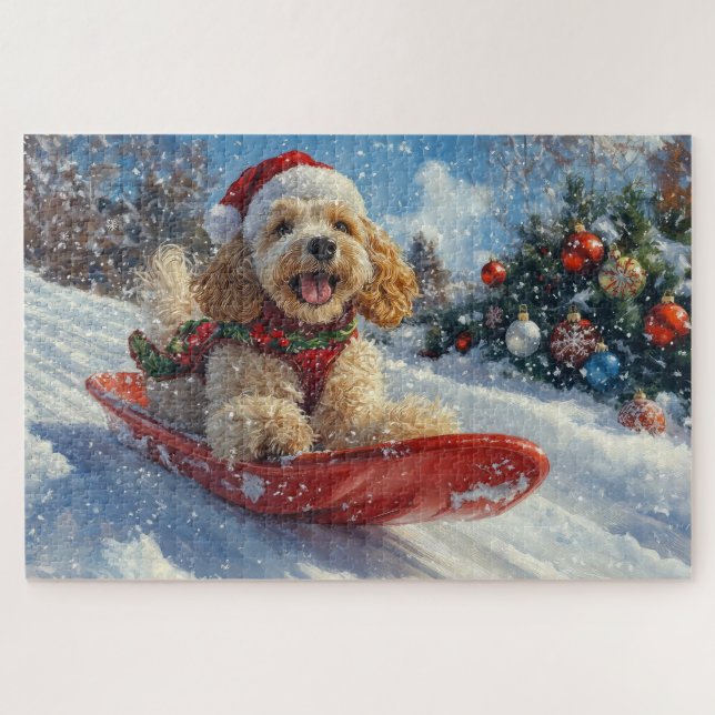 Puzzle Perro Cocker Spaniel en Trineo Deja que Nieve Navi (Horizontal)
