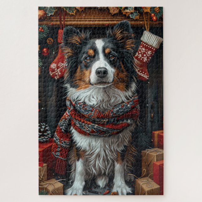 Puzzle Perro Collie Áspero con Regalos de Navidad Chimene (Vertical)