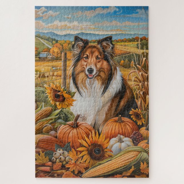 Puzzle Perro Collie Áspero Cosecha de Otoño Día de Acción (Vertical)