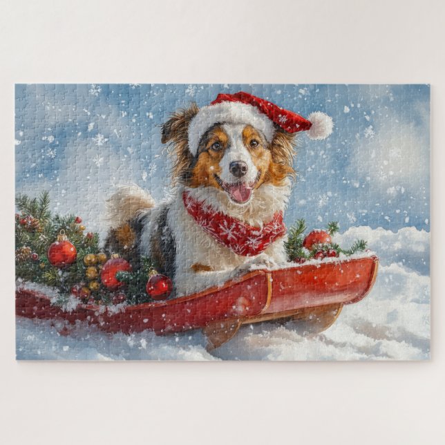 Puzzle Perro Collie Áspero en Trineo Deja que Nieve Navid (Horizontal)