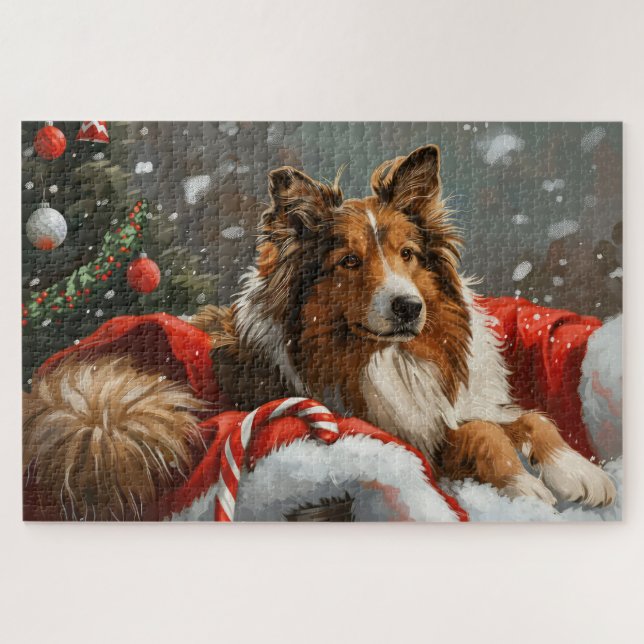 Puzzle Perro Collie áspero Navideño Festivo (Horizontal)