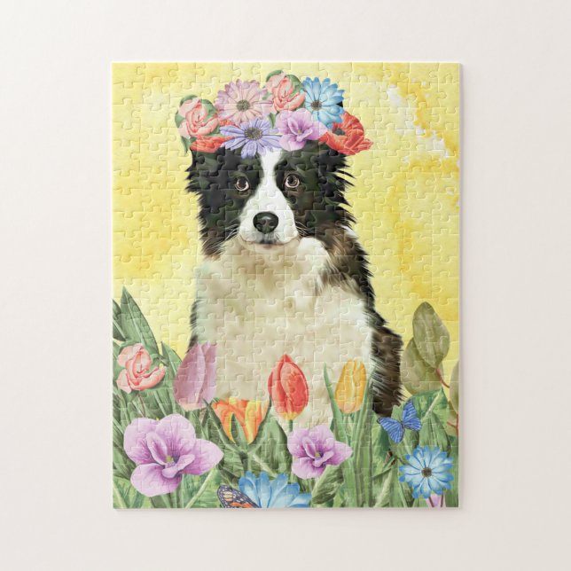 Puzzle Perro collie de borde con primavera de flores (Vertical)