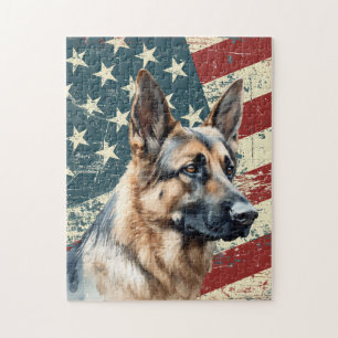 Puzzle Perro Collie de frontera con bandera estadounidens