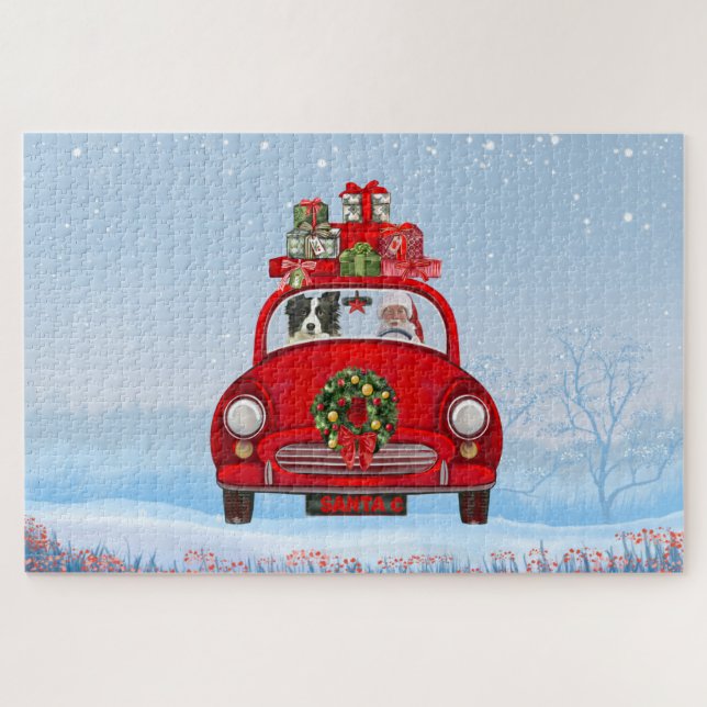 Puzzle Perro Collie Fronterizo En Coche Con Santa Claus (Horizontal)