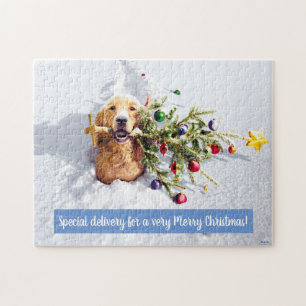 Puzzle Perro con árbol en nieve