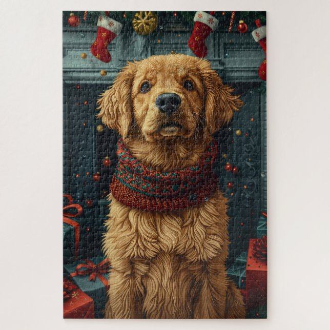 Puzzle Perro con Navidades con chimenea de regalo (Vertical)