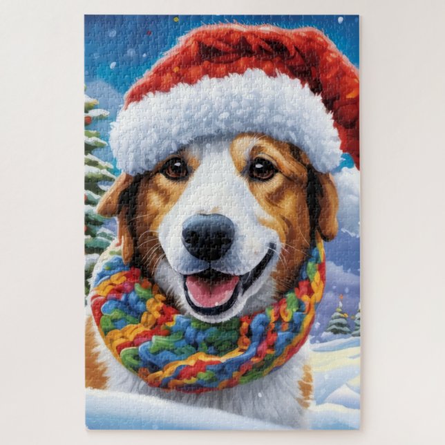 Puzzle Perro con un alegre sombrero de Papá Noel (Vertical)