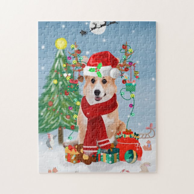 Puzzle Perro Corgi en Nieve con regalos de Navidades (Vertical)