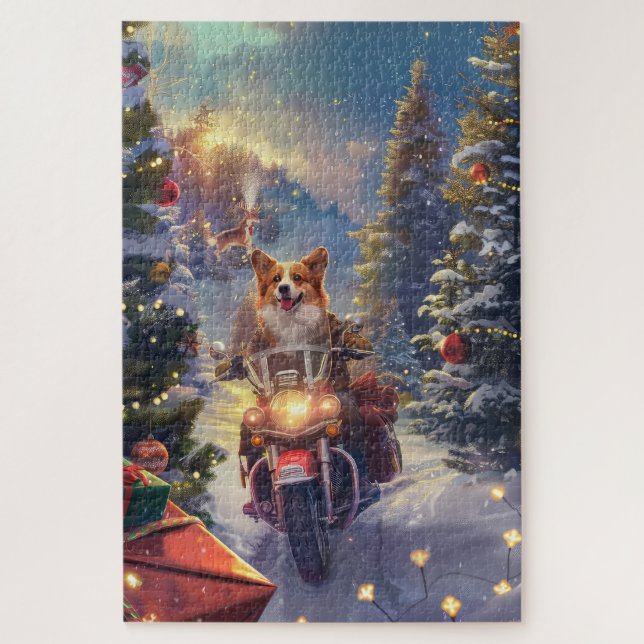 Puzzle Perro Corgi Montando Motocicleta Navidad (Vertical)