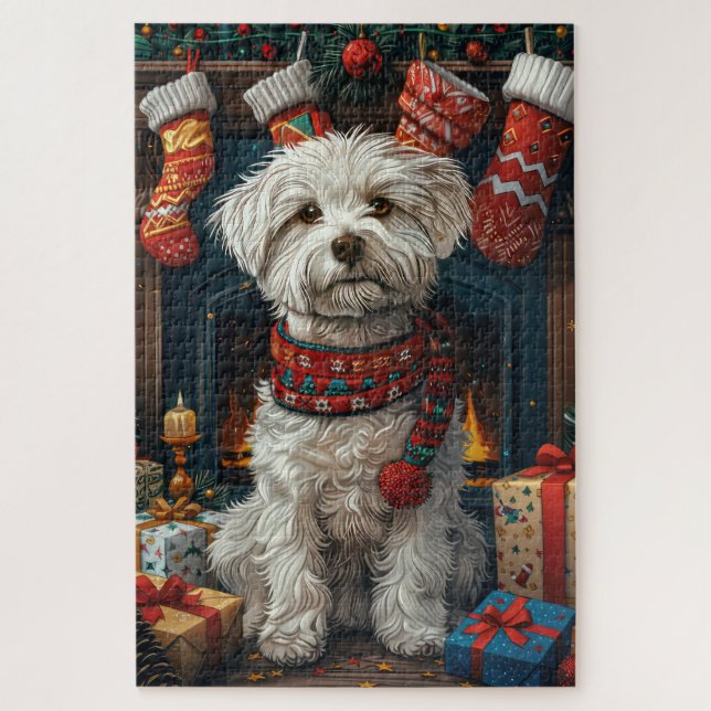 Puzzle Perro Coton De Tulear Con Chimenea De Regalos Navi (Vertical)