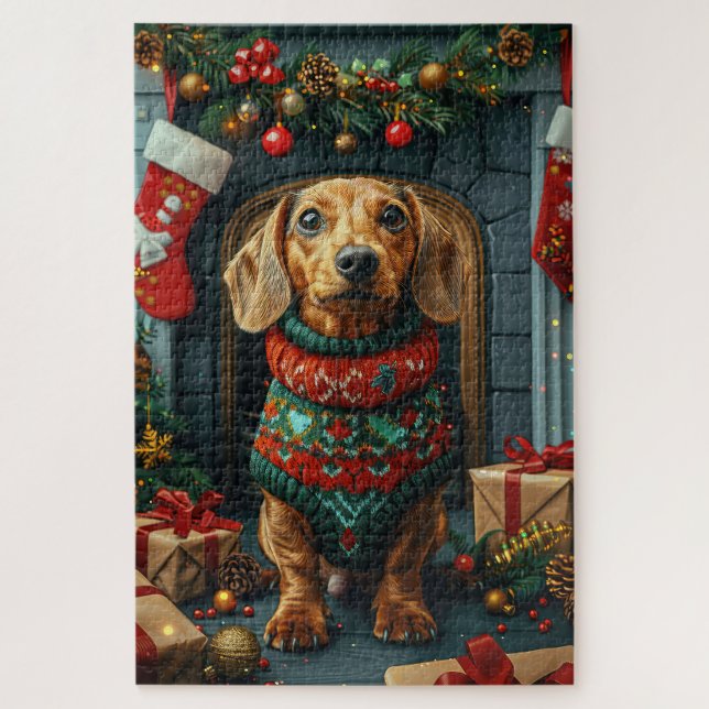 Puzzle Perro Dachshund con regalos de Navidad Chimenea (Vertical)