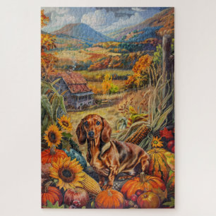 Puzzle Perro Dachshund Cosecha de Otoño Día de Acción de