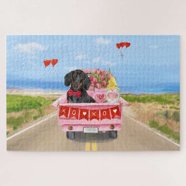Puzzle Perro Dachshund Día de San Valentín Camión Corazon (Horizontal)