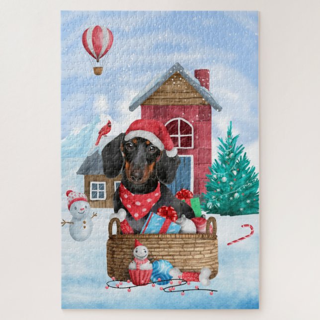 Puzzle Perro Dachshund en la casa de Navidad con nieve (Vertical)