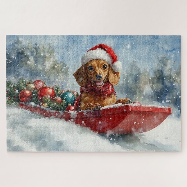 Puzzle Perro Dachshund en Trineo Deja que Nieve Navidad (Horizontal)