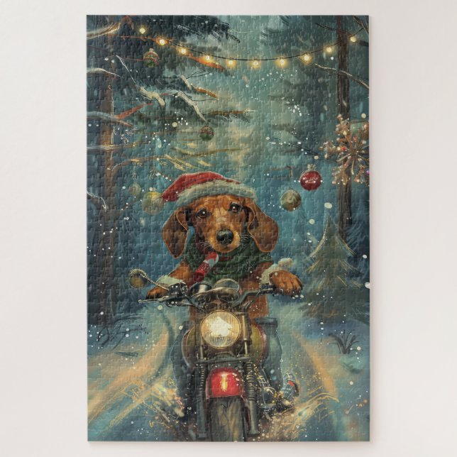 Puzzle Perro Dachshund montando motocicleta Navidad (Vertical)